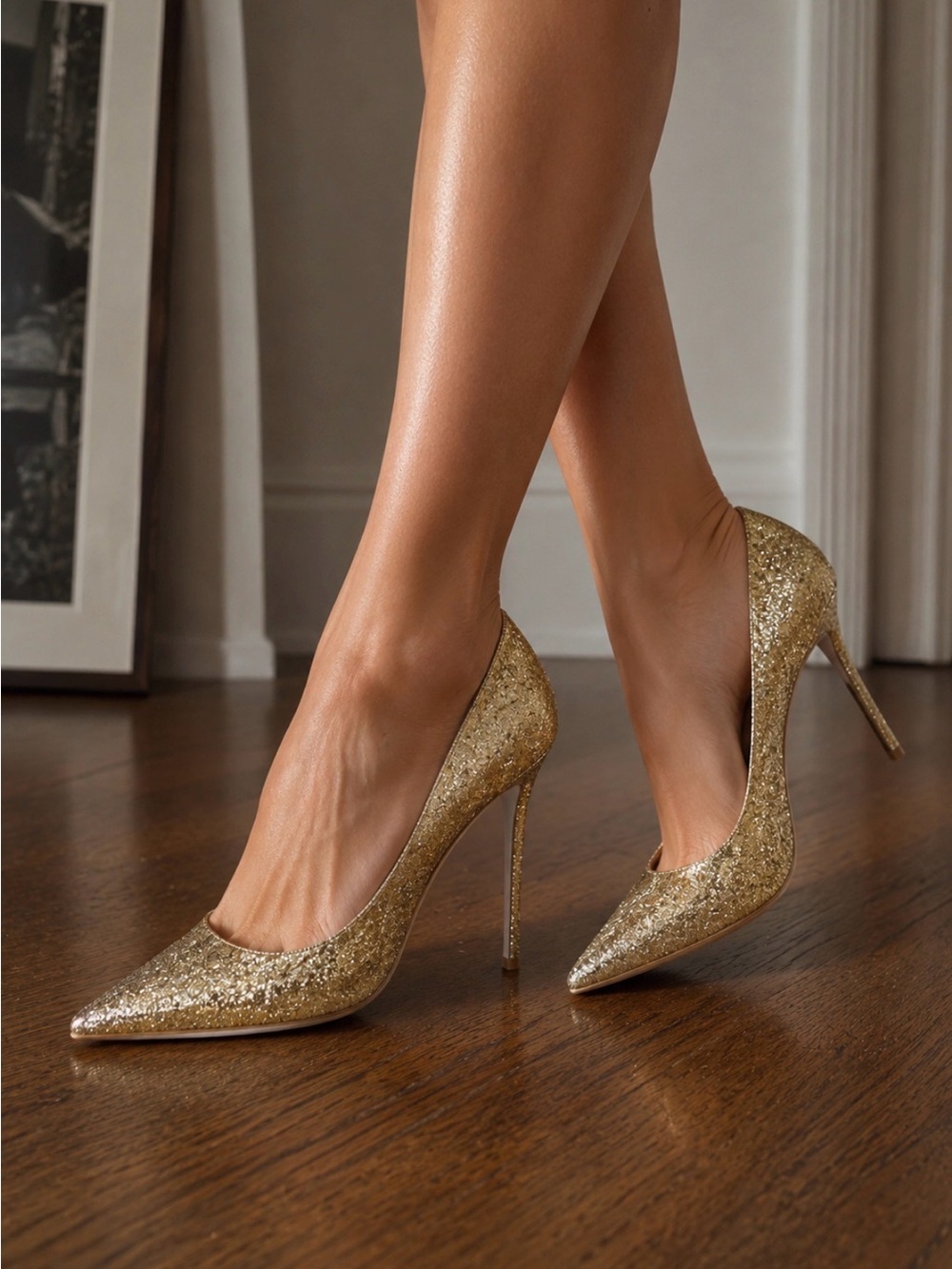 BCBG Gold Glitter Pointed Toe Stiletto Heels